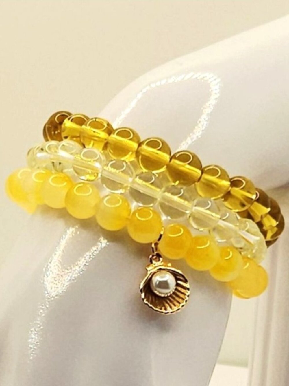 Yellow Coastal Bracelet Stack, Shell Charm Beaded Bracelets, Beachy Summer